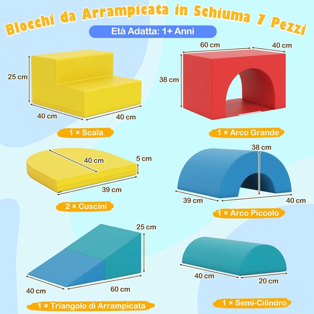 Set di 7 Blocchi da Arrampicata e Strisciamento per Bambini da 1 Anno in Su, Set di Costruzioni in Schiuma da Interno per Bambini a Arrampicarsi, Strisciare e Scivolare (Rosso)