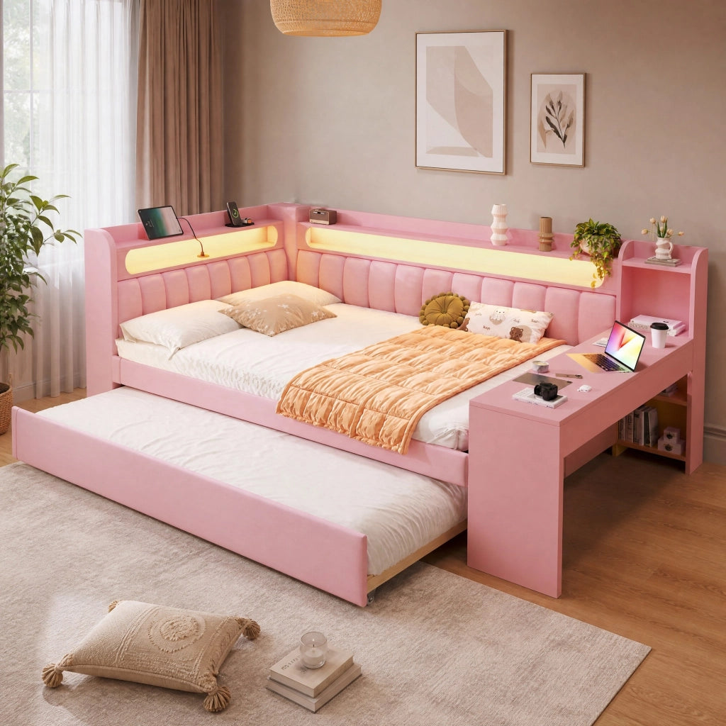 Letto da giorno 140x200 cm rosa con USB, LED, letto estraibile e scrivania integrata