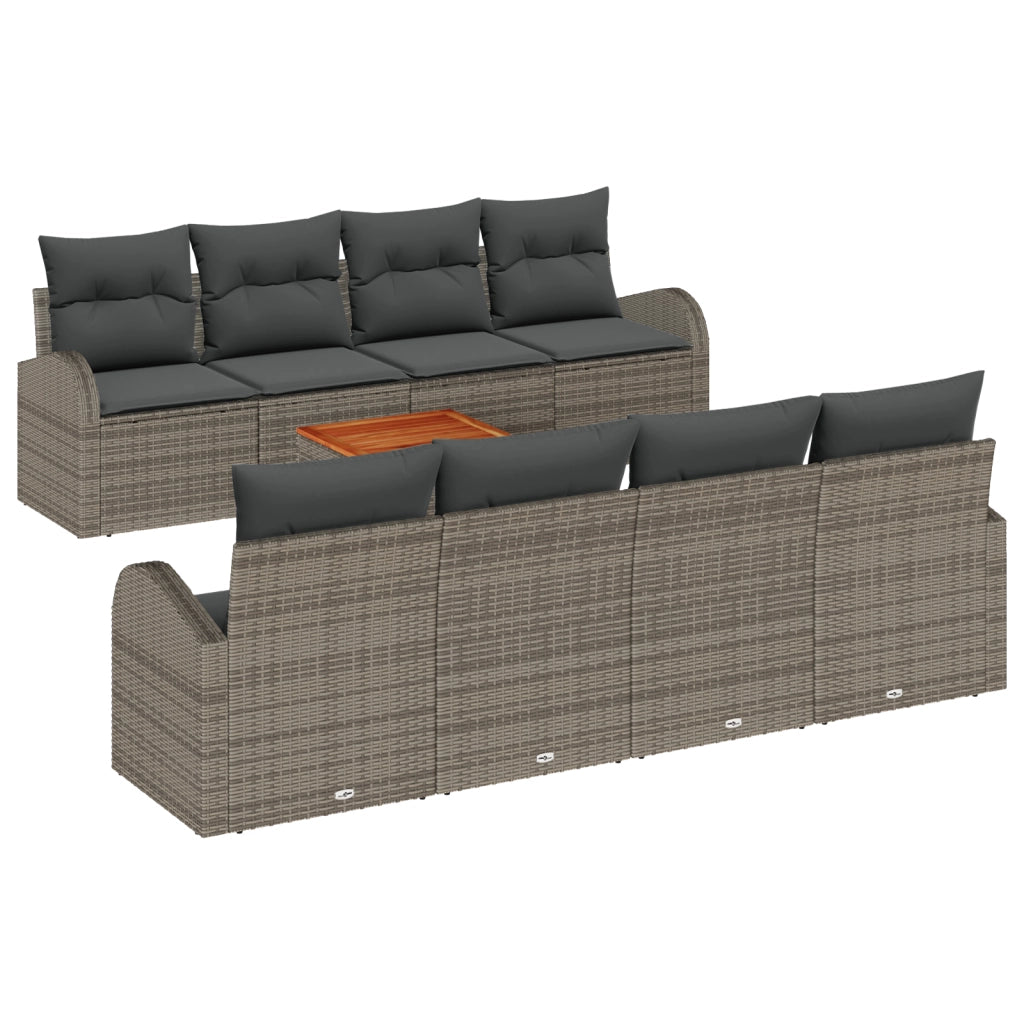 Set di Divani da Giardino 9 Pezzi con Cuscini Grigio Rattan Polietilene Acacia