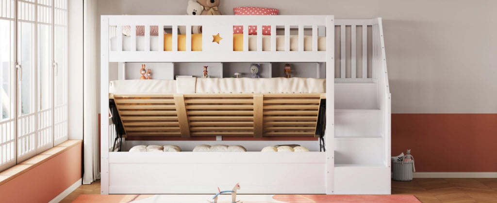 DESMIU Letto a castello 90 × 200 cm 1 posto con mensole, scala contenitore e letto idraulico, senza materasso, bianco