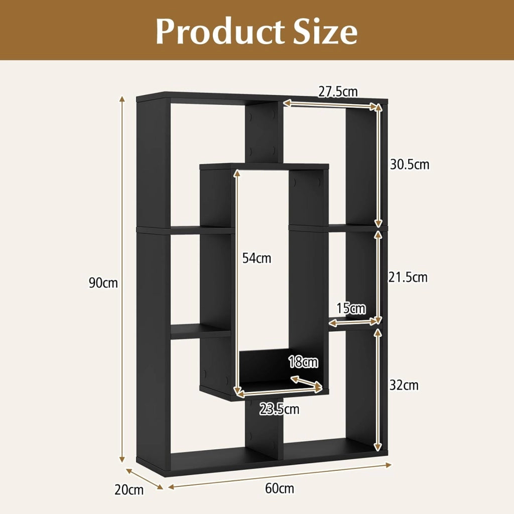 Scaffale per libreria, divisorio in legno, con 7 scomparti, 60 x 20 x 90 cm, per soggiorno, studio e camera da letto (nero)