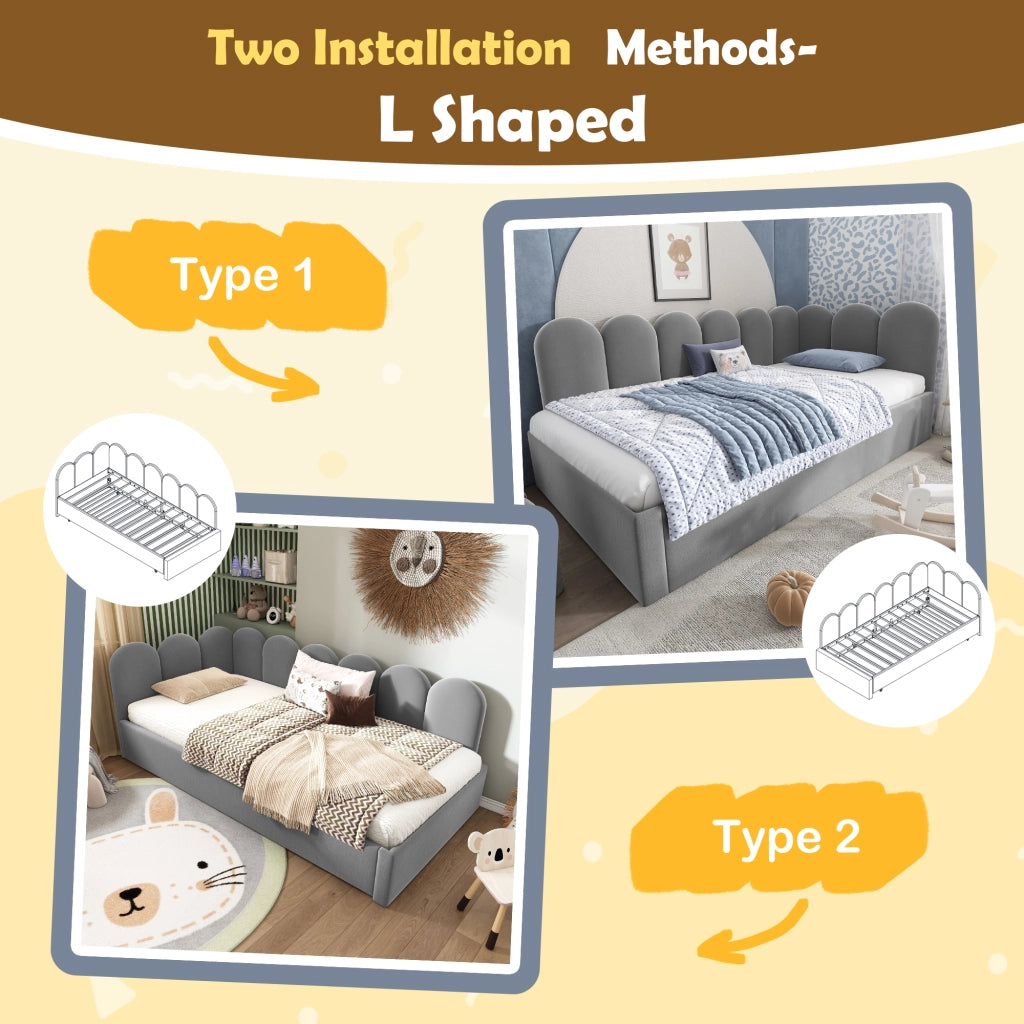 Letto Estraibile 90x200 cm e 90x190 cm; Letto Singolo - Imbottito in Velluto - Grigio