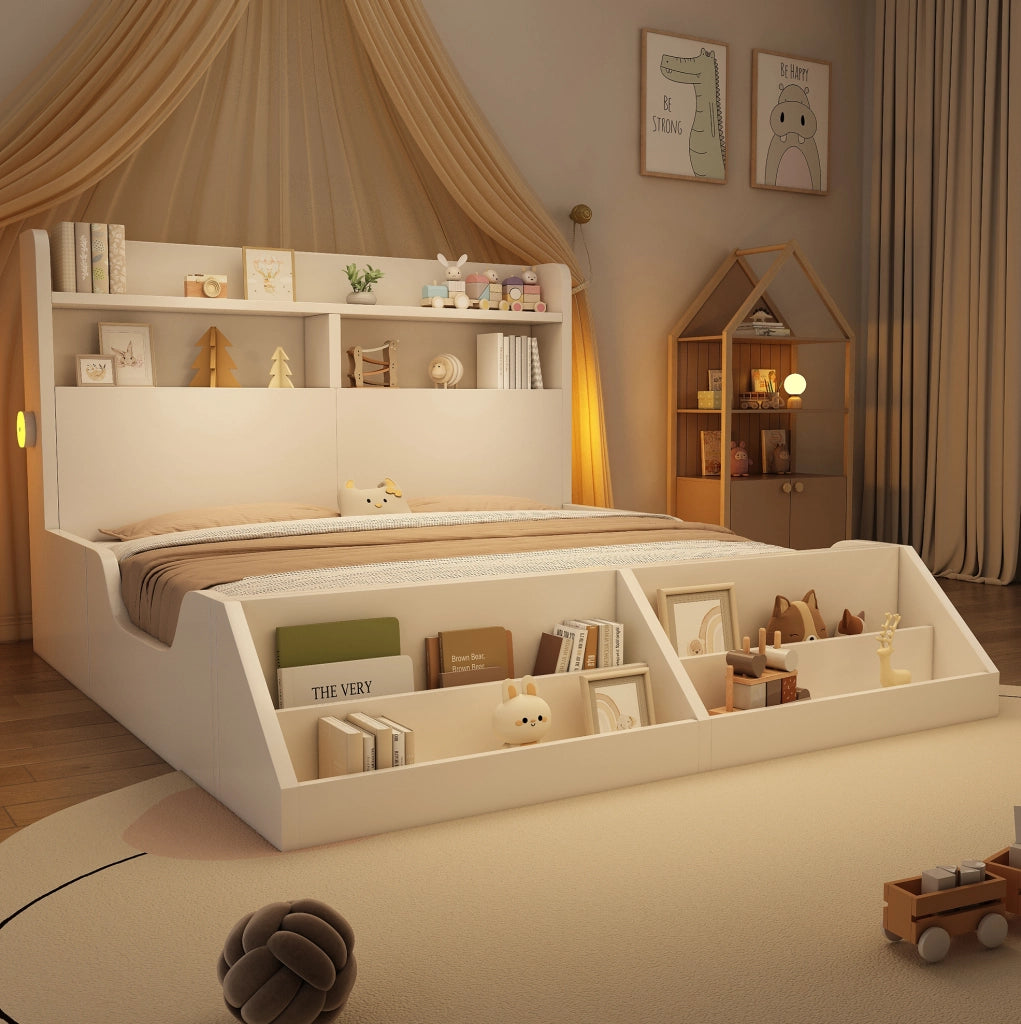 Letto matrimoniale 140x200 cm in legno con luci notturne e libreria removibile