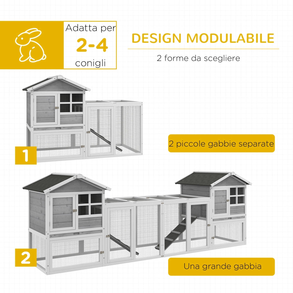 Gabbia per Conigli Conigliera 259x64x92 cm 2 Casette con Rampe Recintata in Legno Grigia