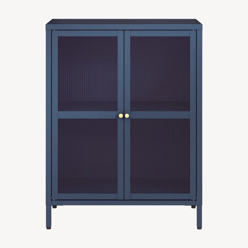 Credenza Säkylä Comò con Ante in Vetro Scanalato 84x64x35 cm Blu Marino [en.casa]