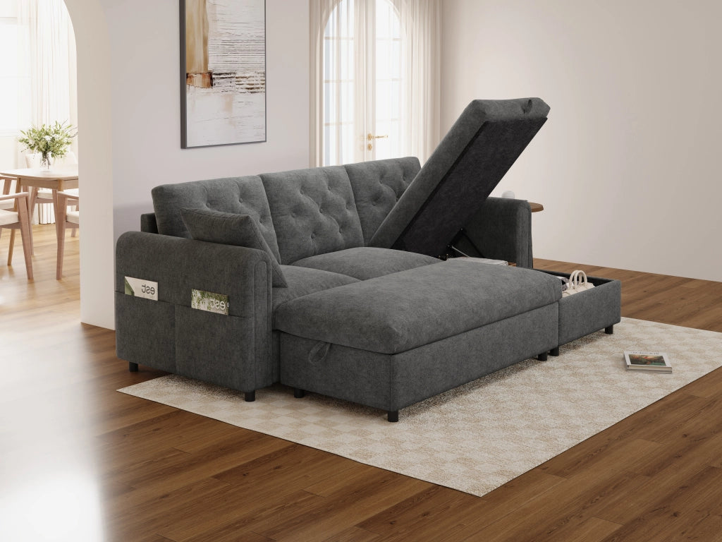 Divano angolare convertibile in velluto con chaise longue reversibile, pouf contenitore e tasche laterali grigio