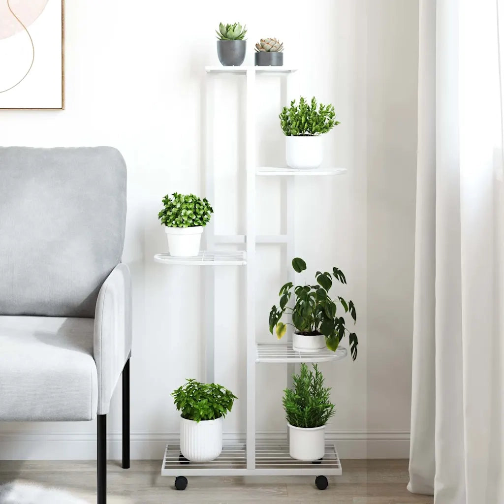 Fioriera | Cassetta per fiori | Vaso a 5 Piani con Ruote 44x23x100 cm Ferro Bianco