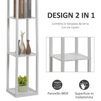 Lampada da Terra con 3 Mensole Integrate, Attacco E27 Potenza 40W, Arredamento Moderno in MDF, 26x26x160cm, Bianco