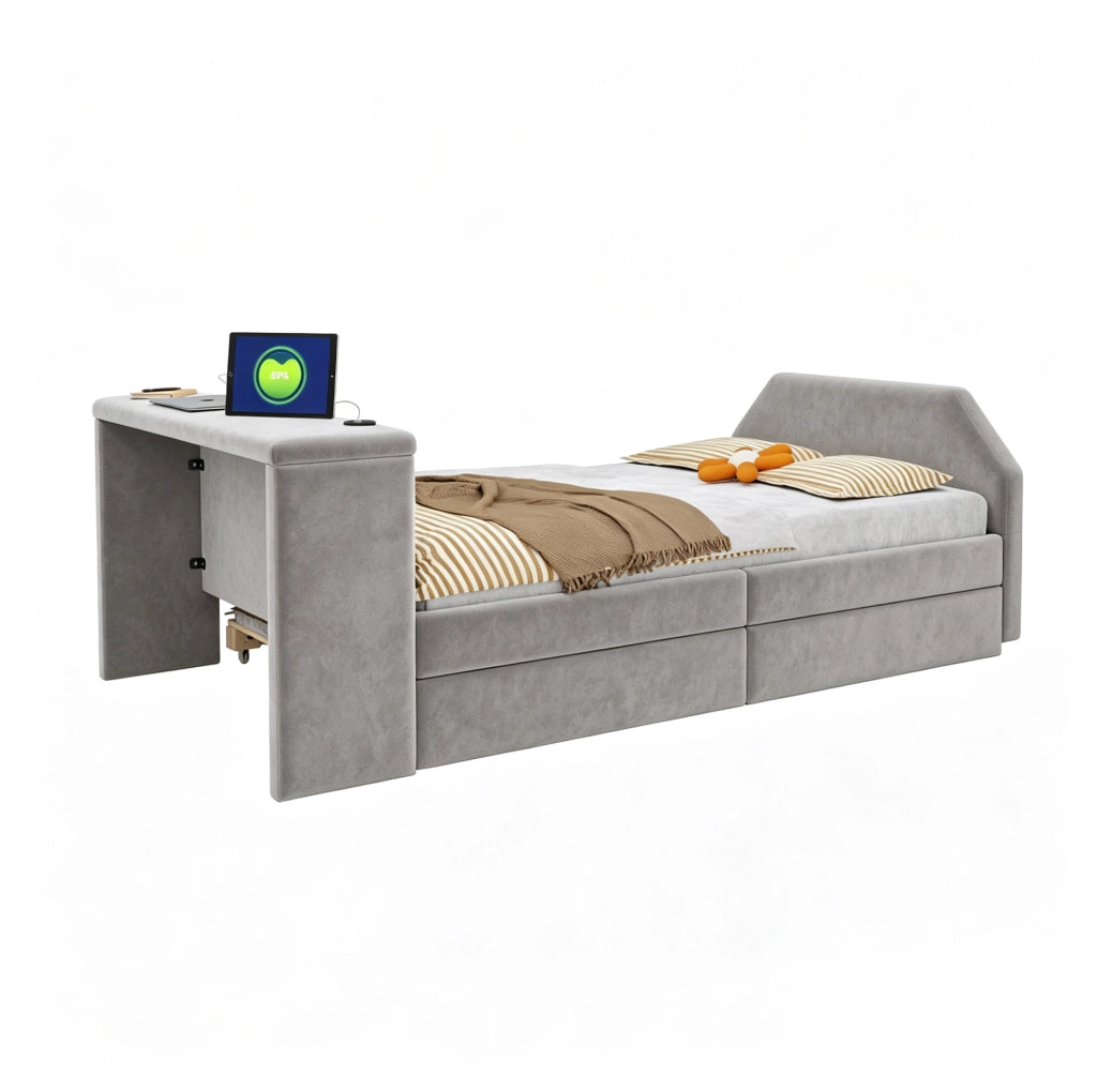 Letto imbottito per bambini 90x200 cm con scrivania, USB e letto estraibile in velluto grigio