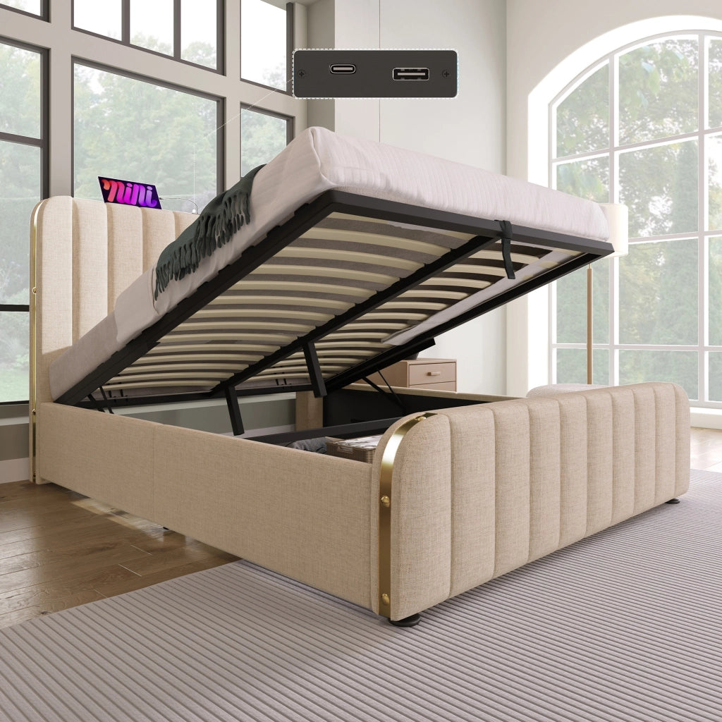 Letto matrimoniale in lino beige 140x190 strisce dorate USB Type-C sollevamento idraulico