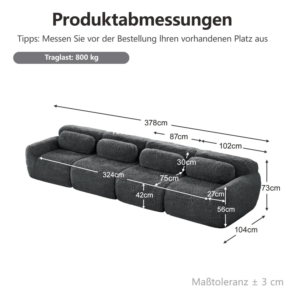 Divano modulare 4 posti in tessuto peluche grigio 378x104x73 cm; senza struttura