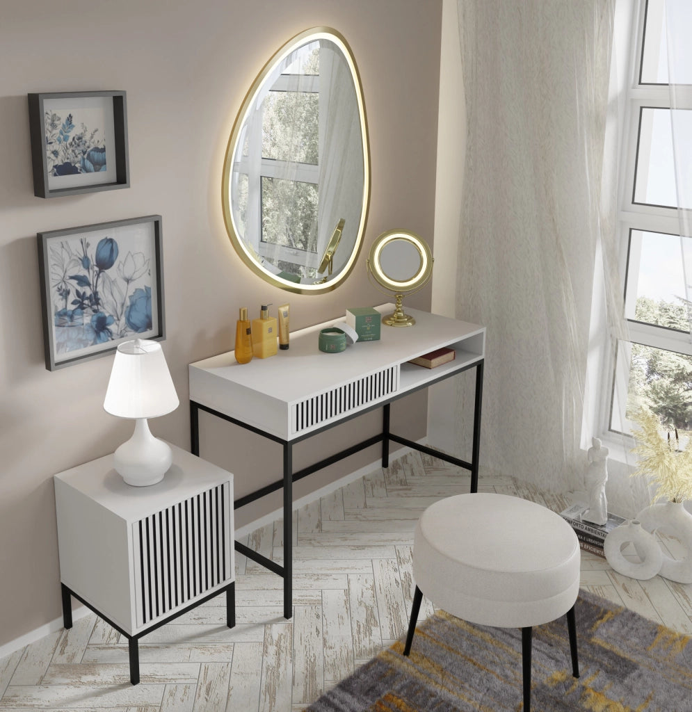 MOBILE RAVENNA F SOTTOSCRIVANIA IN MDF VERNICIATO COMODINO 1D BIANCO OPACO NERO OPACO STRUTTURA NERO