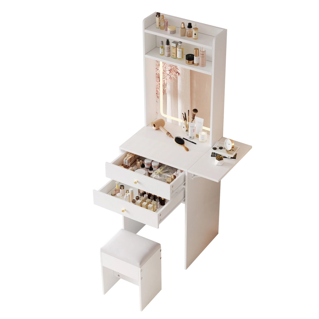 Toeletta salvaspazio con LED regolabile, 2 cassetti e specchio in MDF bianco