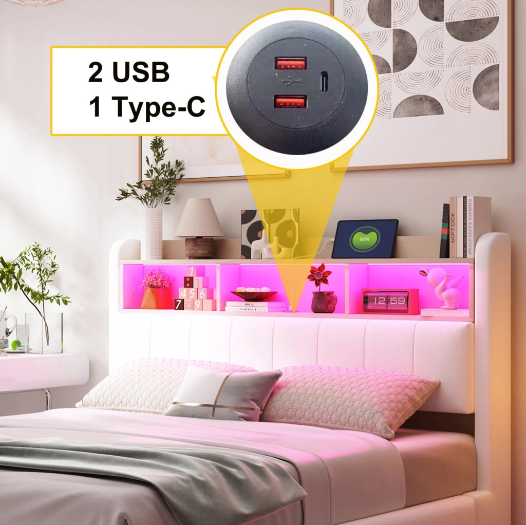 Letto matrimoniale imbottito sospeso 140x200 cm con LED; USB e Type-C; beige