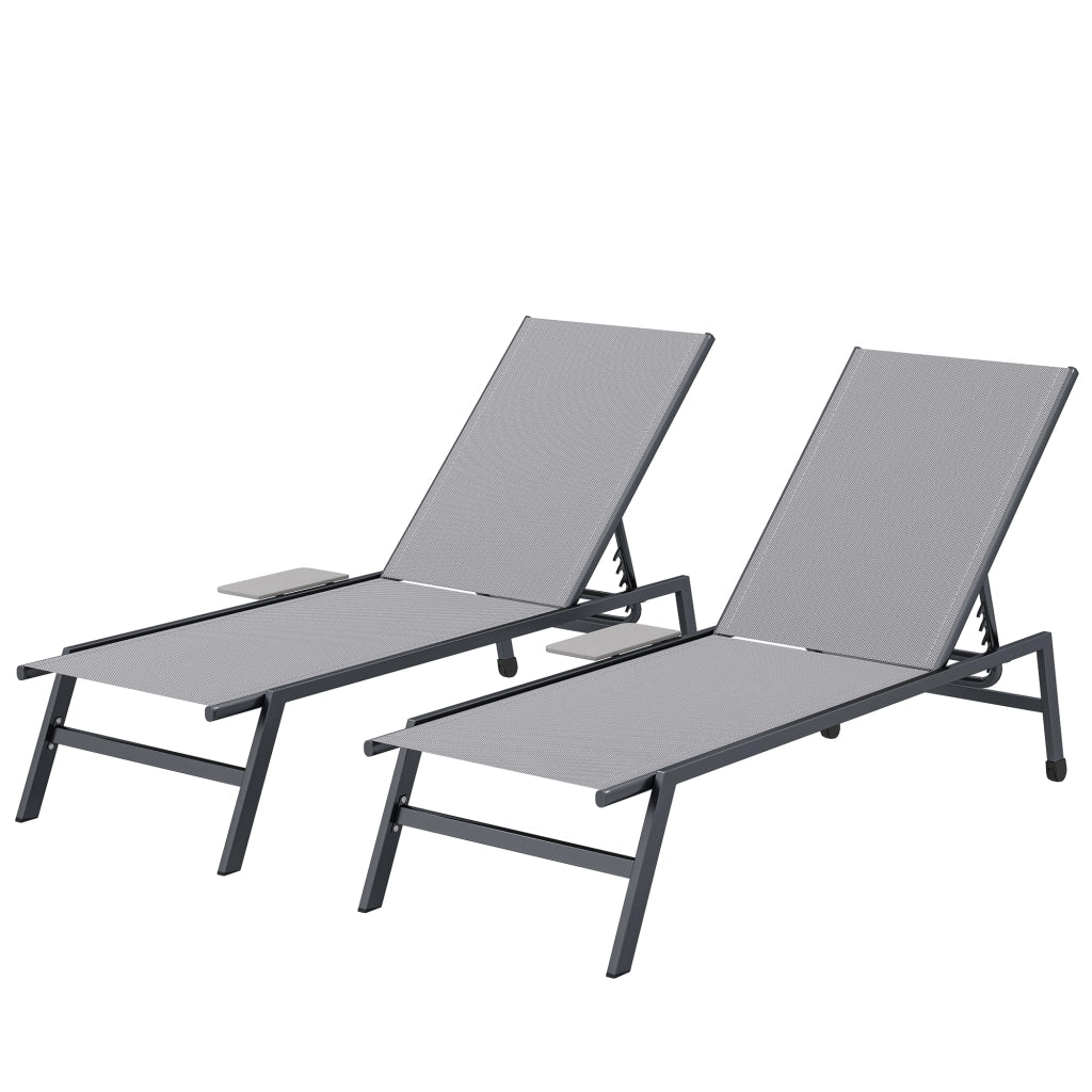 Set 2 Lettini Solarium Giardino con Schienale Regolabile e Tavolino Laterale ¨C zephmum ¨C Grigio