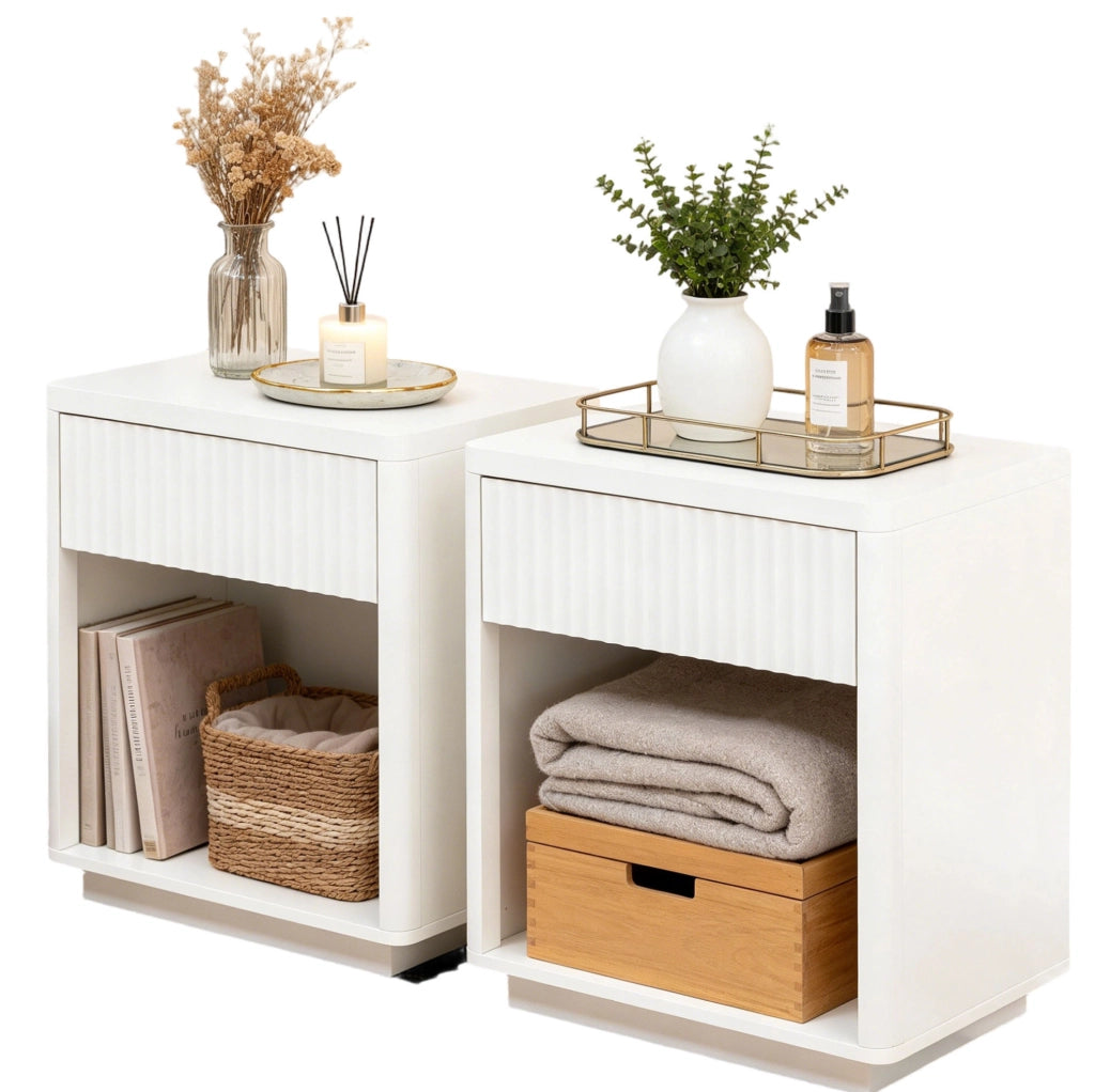 Comodino bianco in MDF con cassetto e ripiano aperto