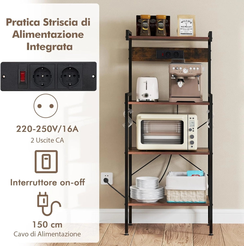 Scaffale da Cucina con Multipresa, Scaffale per Microonde su 4 Ripiani, Mensola da Cucina Struttura in Metallo con 8 Ganci, per Sala Pranzo e Pannettiera, 59 x 34 x 136 cm, Marrone Vintage