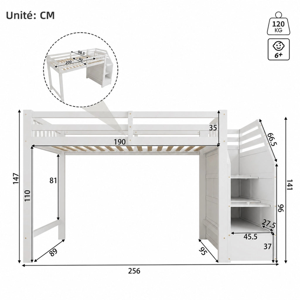 Letto a soppalco per bambini 90 × 200 cm con barriera, scaletta contenitore, senza materasso, bianco, pino