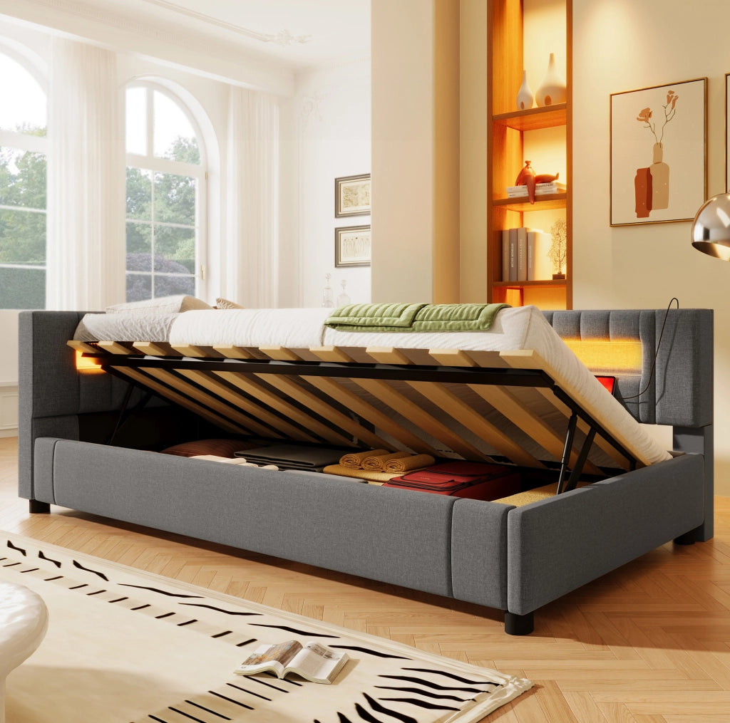 Letto contenitore 90x200 cm con LED, USB e porta Type-C