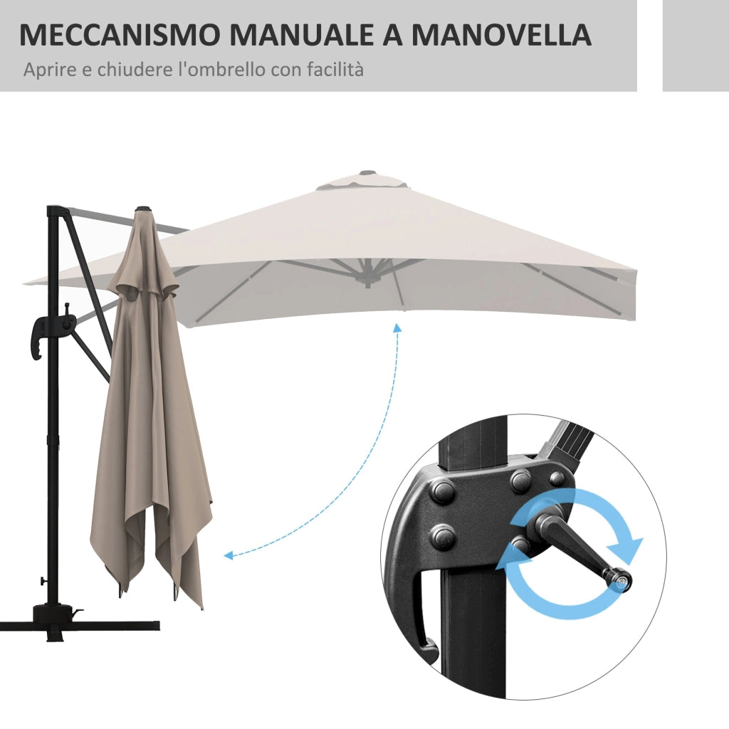 Ombrellone da Giardino Decentrato 3x3 m 8 Stecche Pedale e Manovella in Alluminio e Poliestere Cachi