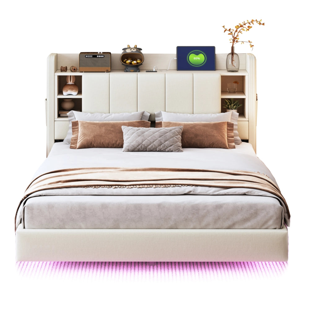 Letto matrimoniale imbottito 140x200 cm beige con testiera contenitore; USB e LED