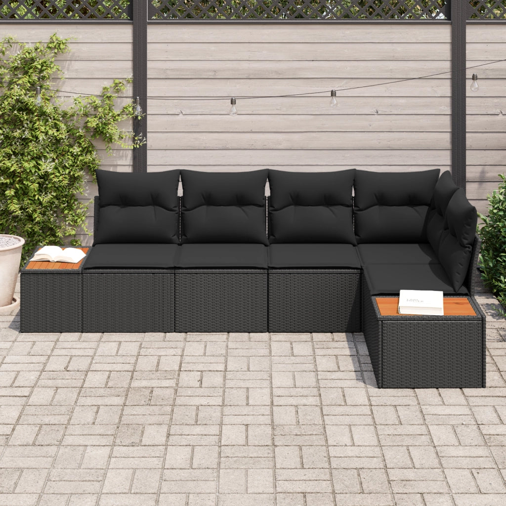 Set di divani da giardino 5 pezzi con cuscini neri in polyrattan e acacia