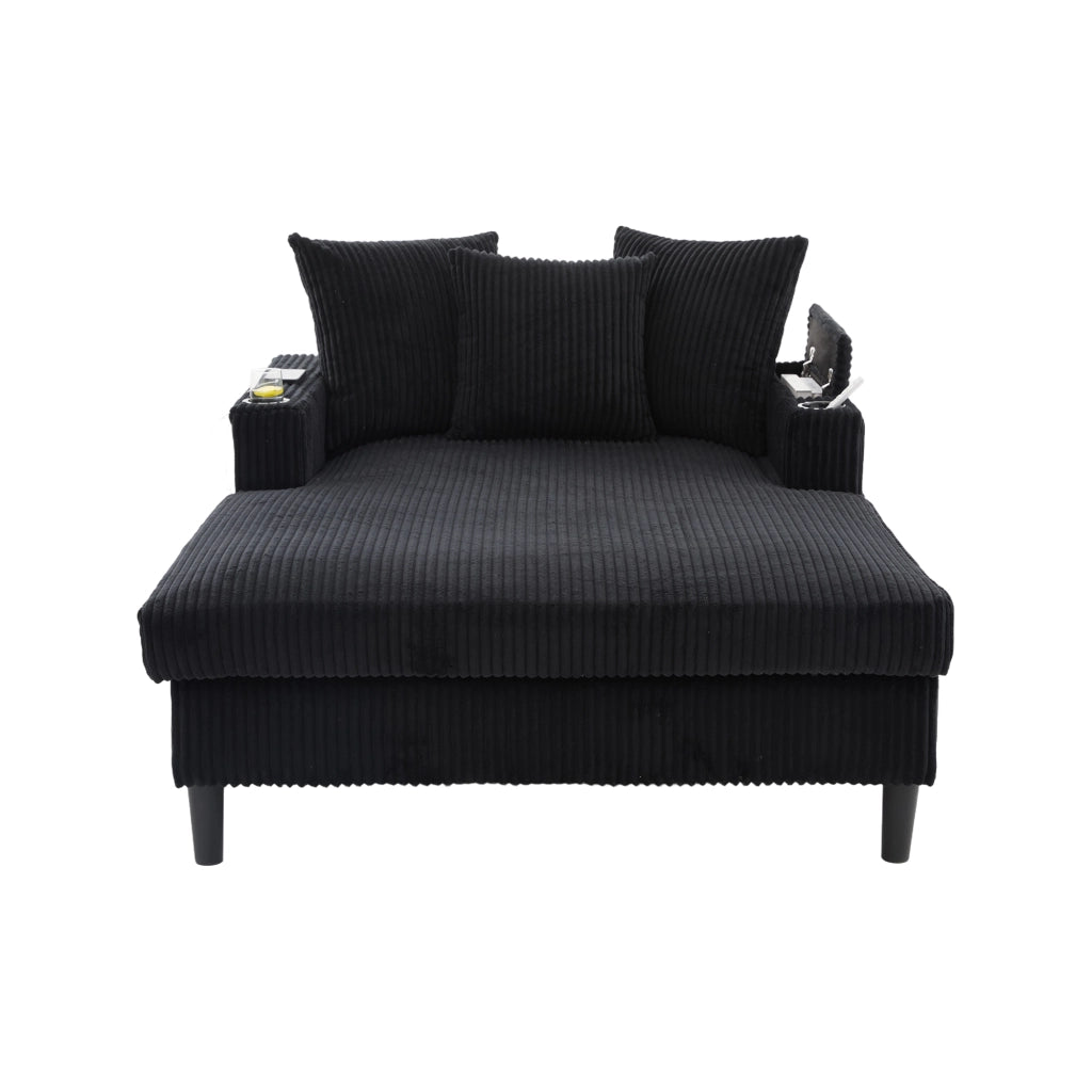 Chaise longue con portabicchieri, luci LED, tasca laterale, vano contenitore e porta USB in velluto a coste nero