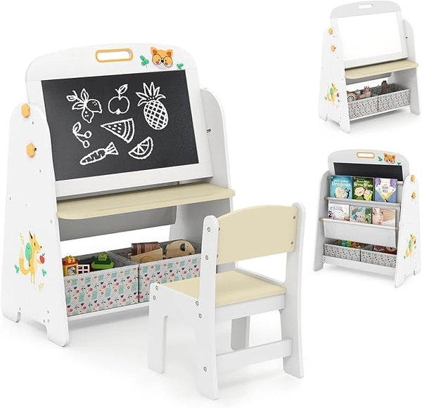 Set Tavolo e Sedia per Bambini, Lavagnetta Cancellabile Bambini con Sedia, Scaffale, 2 Contenitori in Tessuto, Gomma e Gessetti, Tavolino per Cameretta (Naturale)