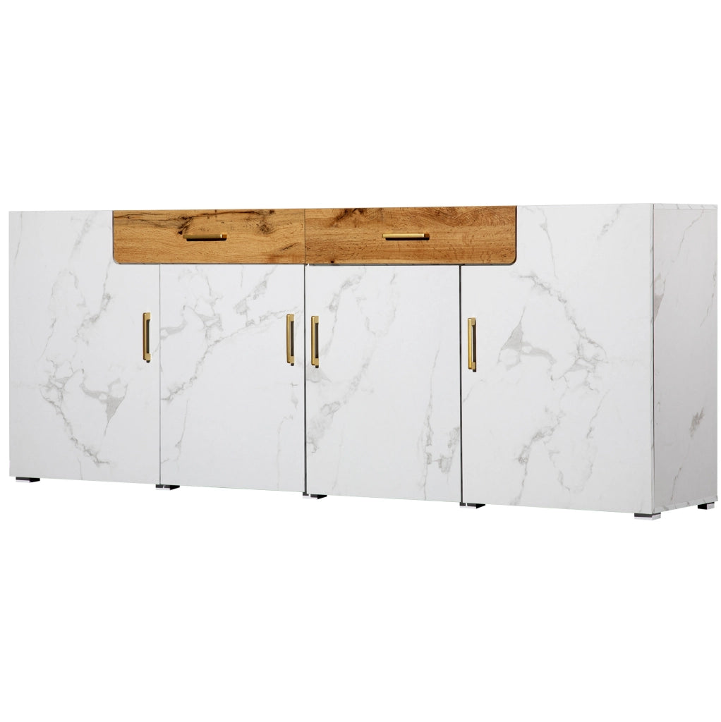 Madia ULEVR 208x39,5x80 cm con 4 ante e 2 cassetti, mobile TV e contenitore bianco e marrone