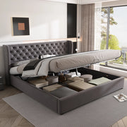 Letto matrimoniale 180x200 in velluto grigio con contenitore idraulico, rete a doghe, testiera imbottita stile Chesterfield