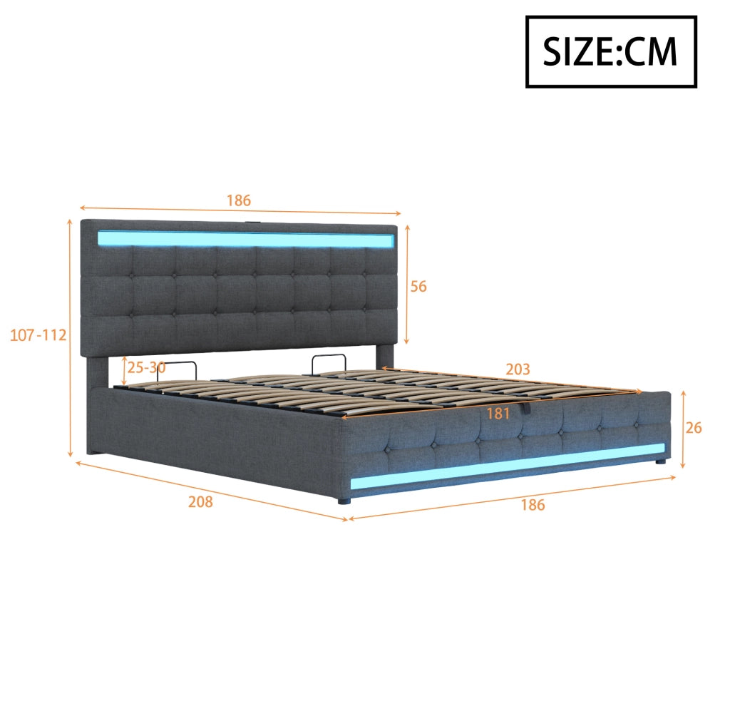 Letto imbottito grigio 180 x 200 cm con LED RGB e USB