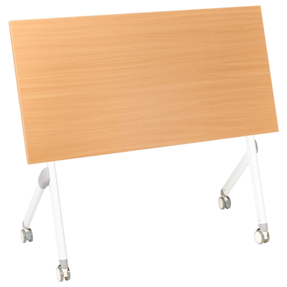 Scrivania da ufficio pieghevole con struttura in metallo marrone e bianco, piano in MFC 120 x 60 cm, tavolo pieghevole portatile con rotelle