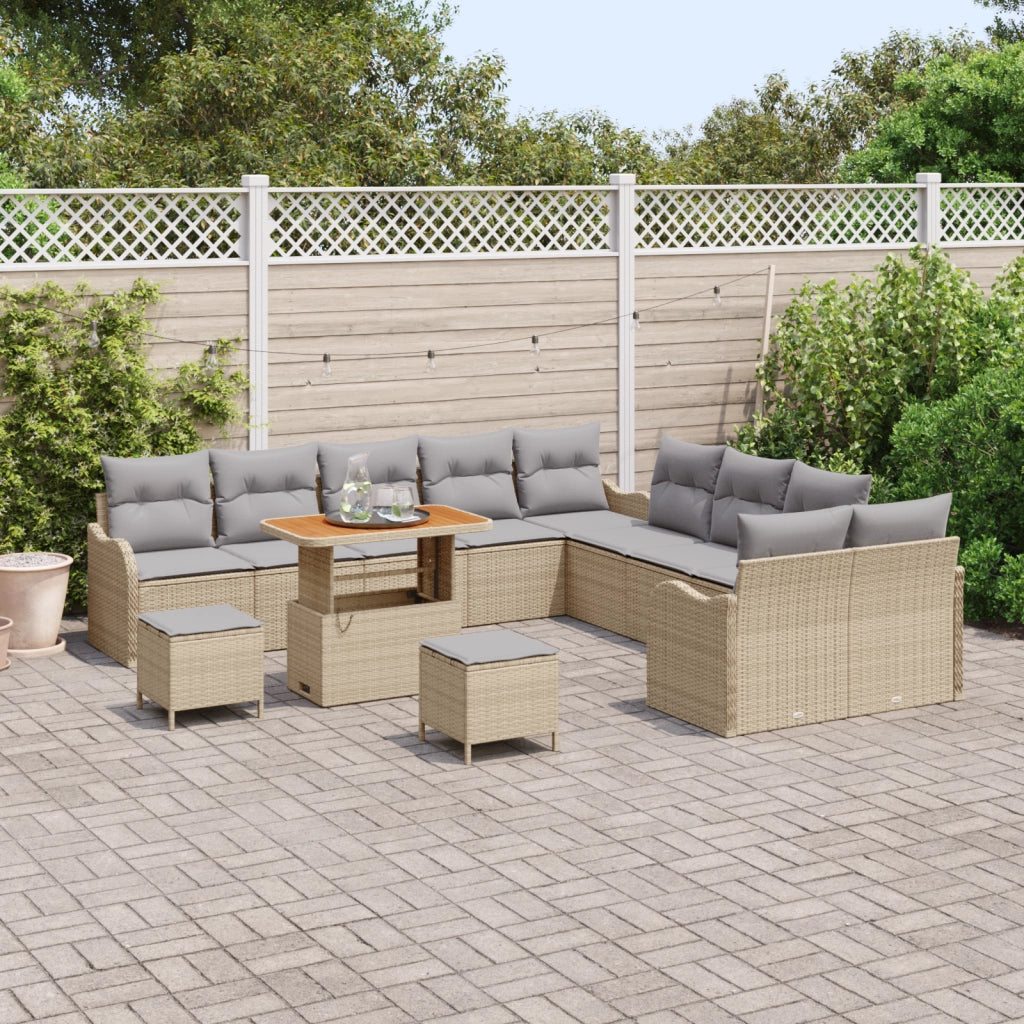 Set Divano da Giardino 13 Pezzi con Cuscini Beige in Rattan Acacia