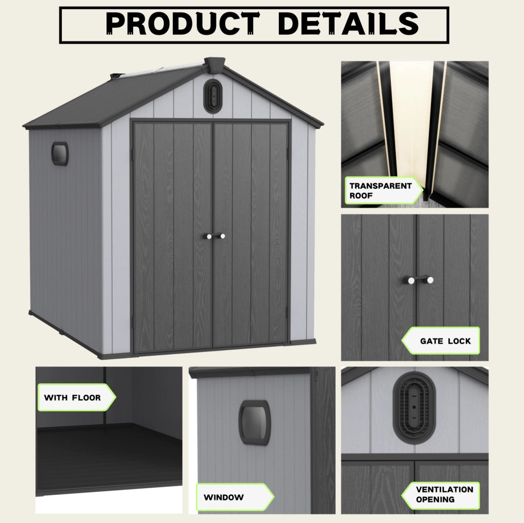Casetta da giardino 6x8 ft in resina con doppia parete; grigio e bianco