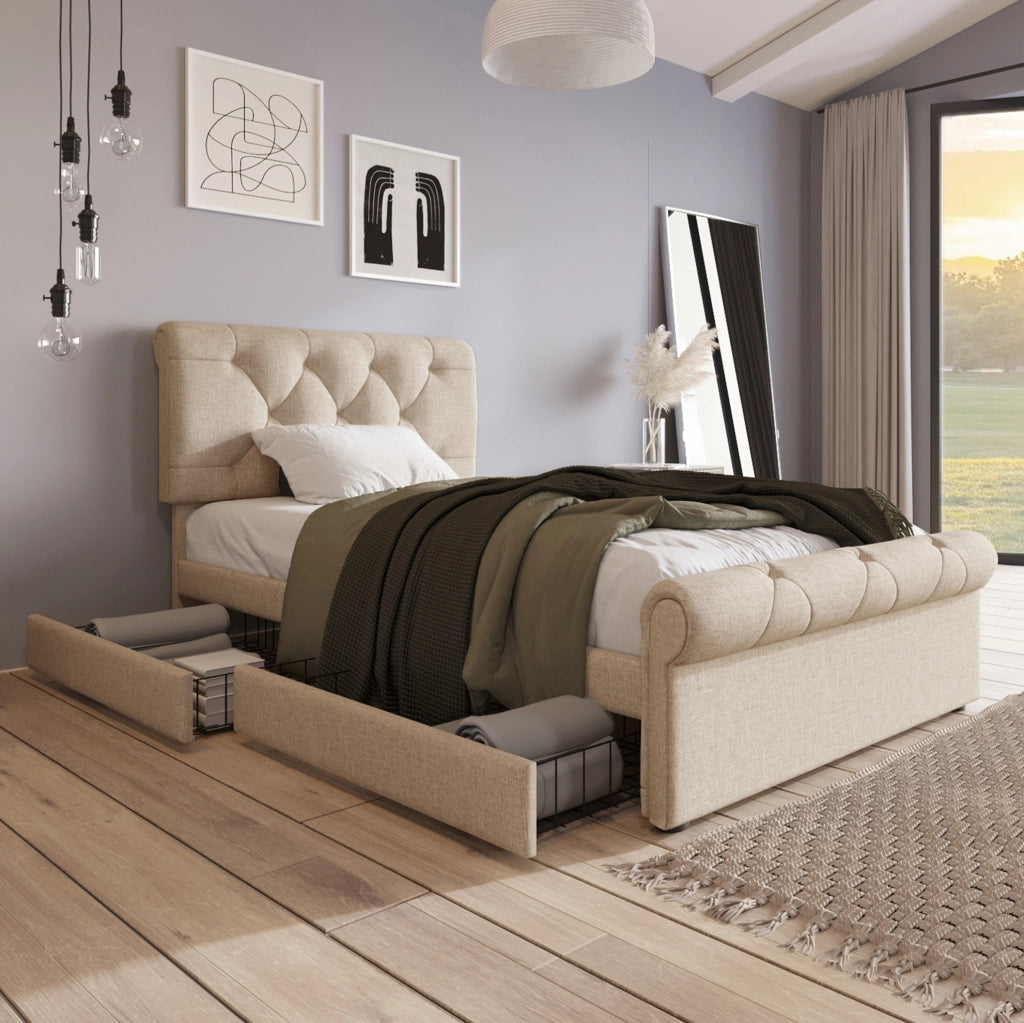 Letto singolo imbottito ULEVR 90x200 cm con 2 cassetti e testiera regolabile, naturale