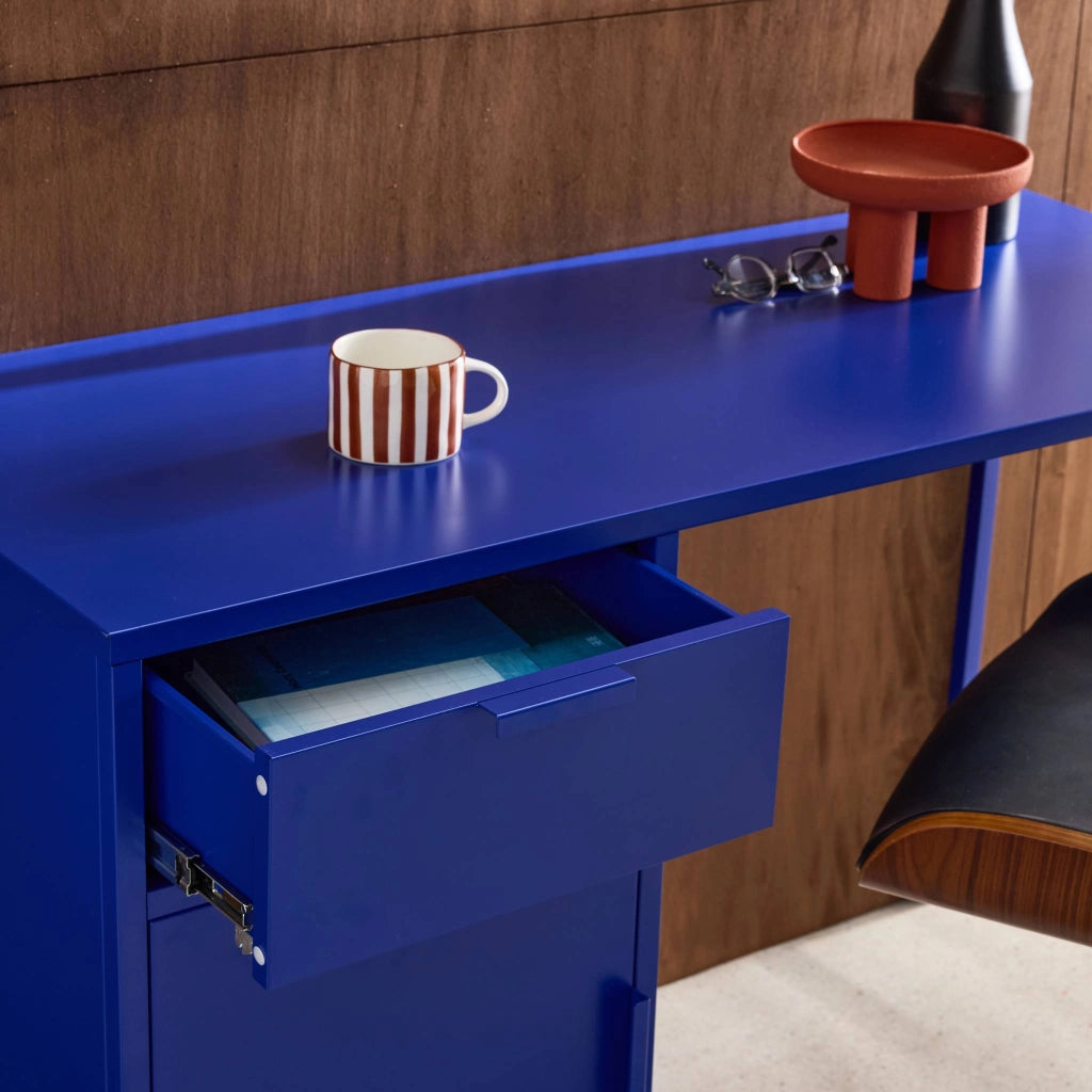 Scrivania per bambini in acciaio laminato, 1 cassetto, blu