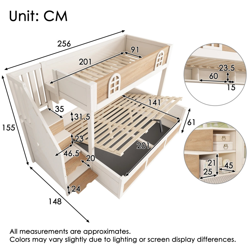 Letto a castello con scala contenitore 90x200 e 140x200 cm in legno bianco e naturale
