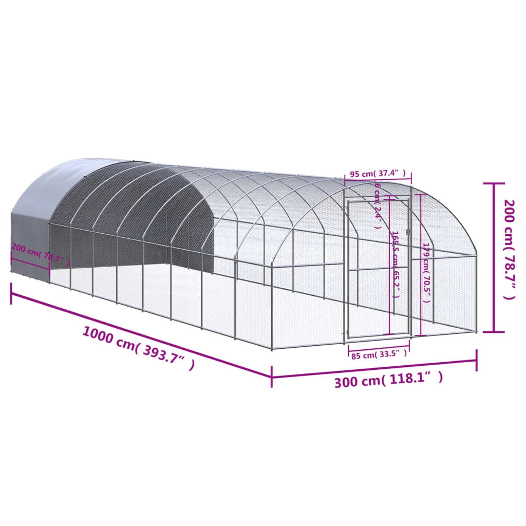 Pollaio/recinto/gabbia per polli da esterno 3 x 10 x 2 m acciaio zincato argento 02_0043996