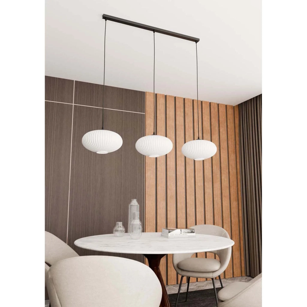 Lampadario 3 Luci Iris In Acciaio Nero Paralume Plissettato Bianco