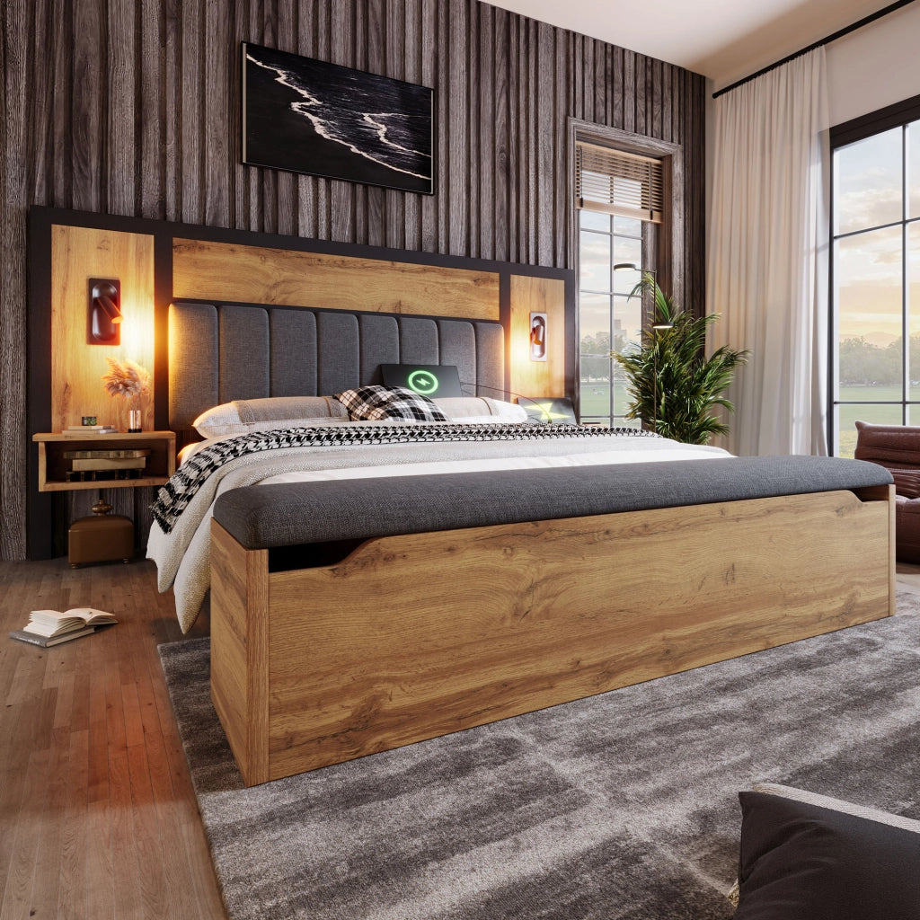 LETTO matrimoniale 180x200 cm Rovere con comodini, luci lettura e panca contenitore