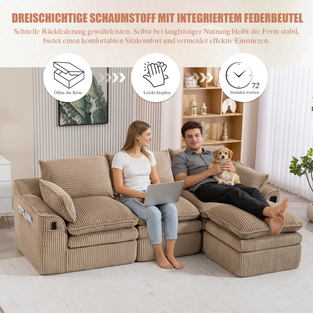 Divano modulare a 3 posti con pouf, cuscini, tasche laterali e struttura a molle in tessuto corduroy khaki