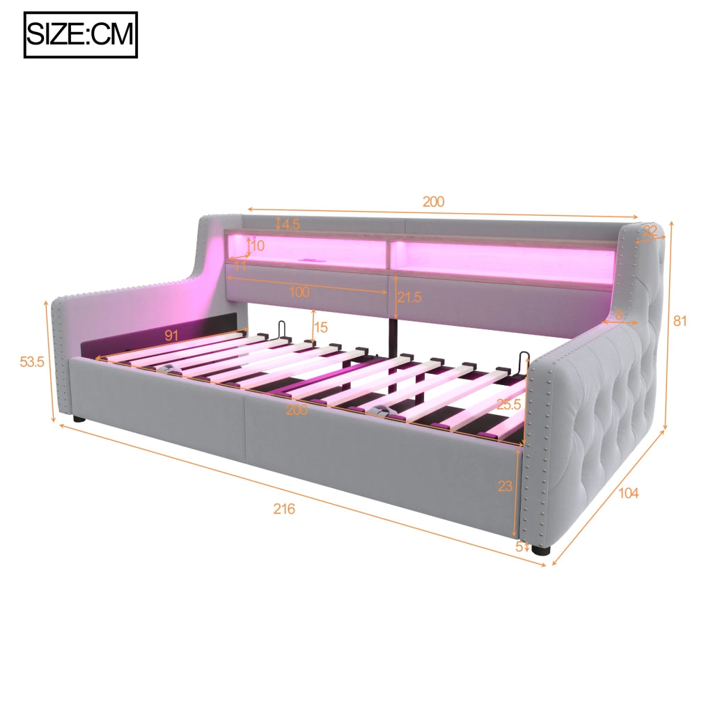 DESMIU Letto divano 90 × 200 cm 1 piazza con contenitore idraulico, LED, USB e Type-C, senza materasso, velluto grigio