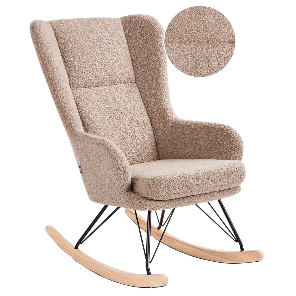 Sedia a dondolo Rivestimento in bouclé beige sporco Gambe nere in metallo con braccioli Schienale alto Soggiorno