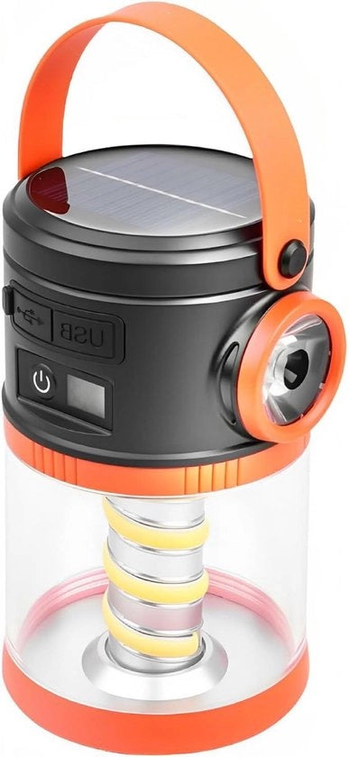 Lanterna LED, illuminazione esterna per campeggio, ricaricabile via USB, vari modi di illuminazione, colore arancione, maniglia portatile, indicatore di batteria, attrezzo di emergenza per esterni