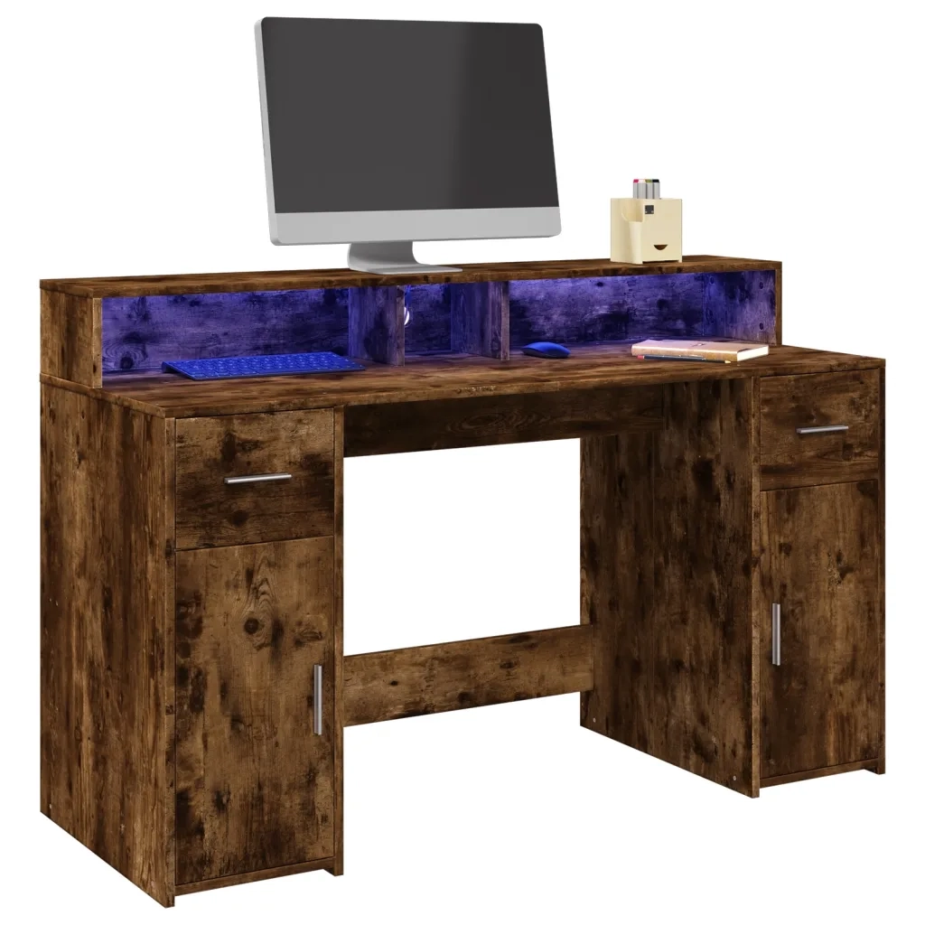 Scrivania con Luci LED Rovere Fumo 140x55x91 cm in Multistrato 3309424