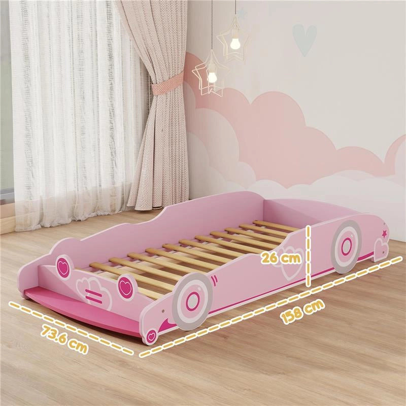 LETTO PER BAMBINI DA 3-5 ANNI A FORMA DI MACCHINA CON SPONDE RIALZATE DI SICUREZZA, 140X70 CM, ROSA