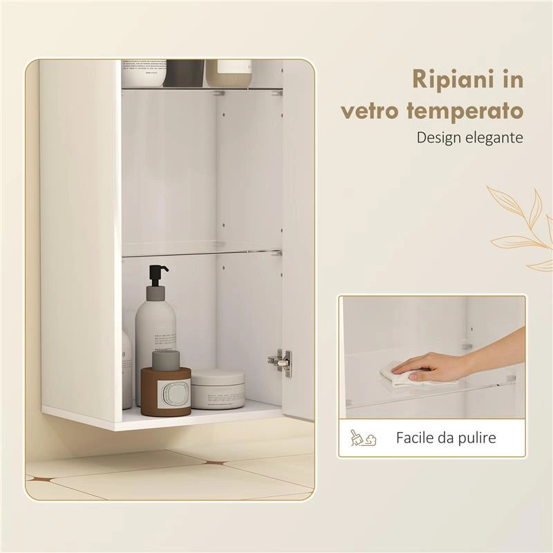 MOBILETTO BAGNO PENSILE CON 2 RIPIANI IN VETRO REGOLABILI E ANTA SENZA MANIGLIA, BIANCO LUCIDO