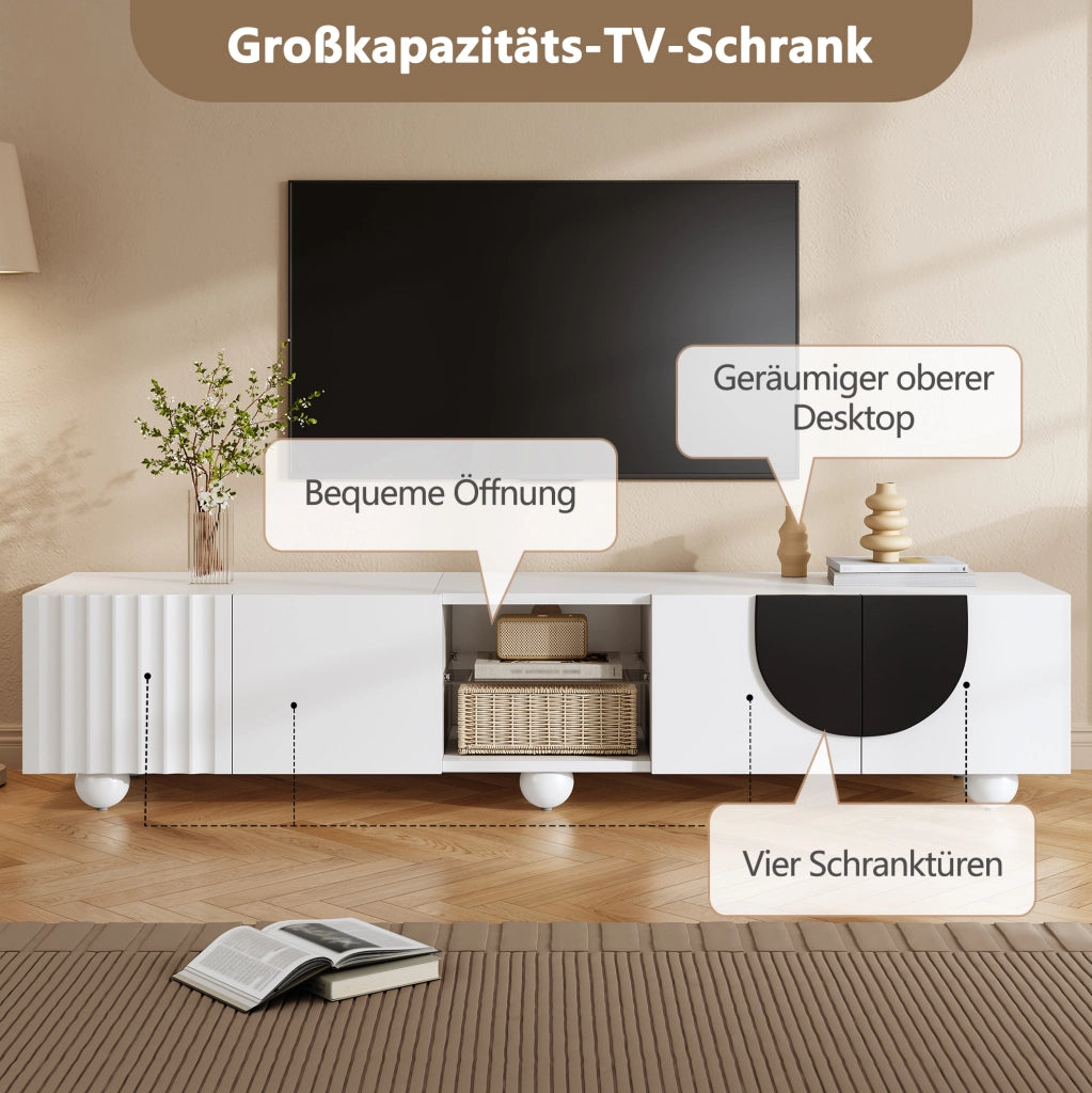 Mobile porta TV minimalista bianco e nero con vani aperti e chiusi, 180 cm