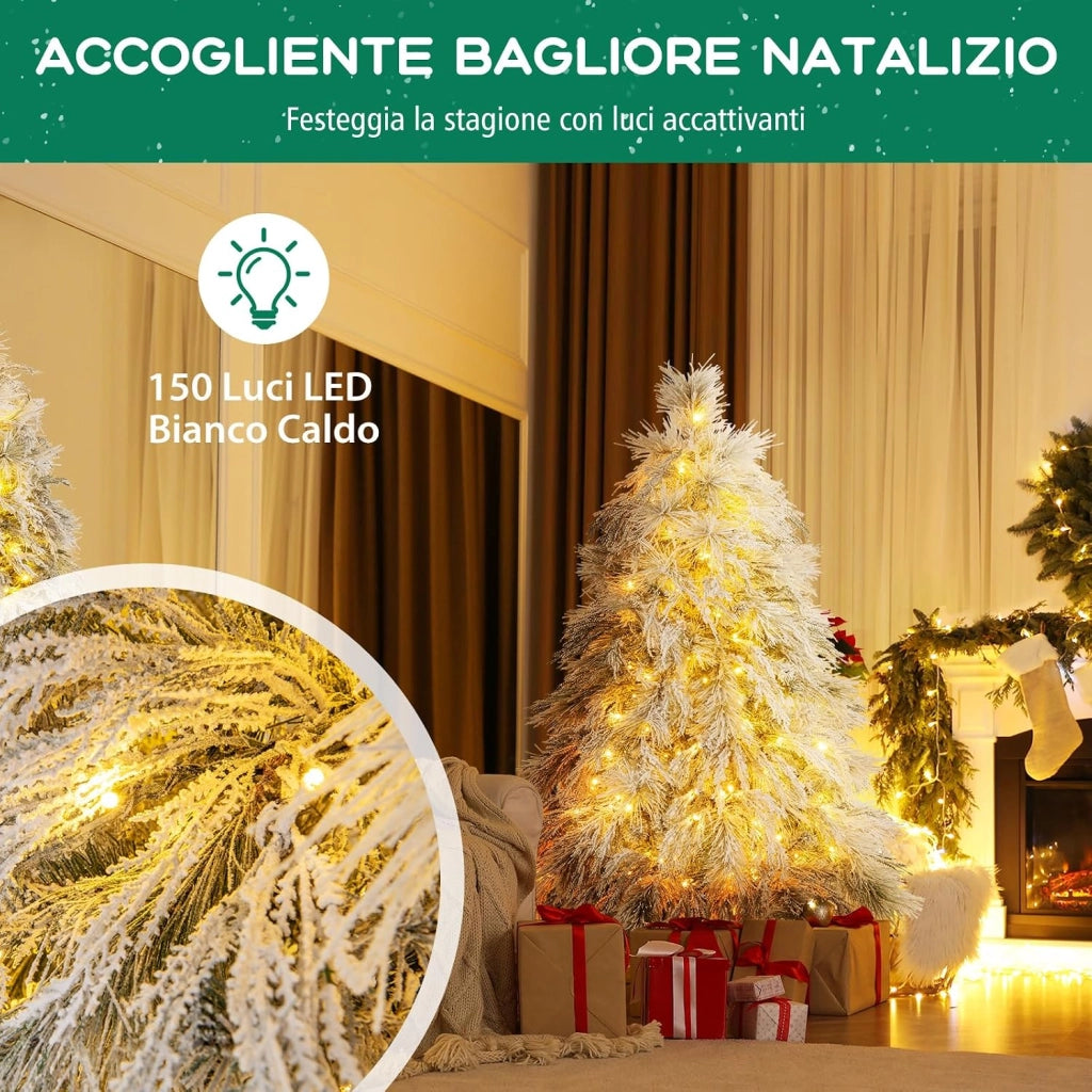 Albero di Natale Innevato 146/180 CM, Albero di Natale Artificiale Pre-Luminoso con Cerniera e 150/250 Luci LED Bianche Calde, 279/519 Punte di Ramo, Ago di Pino (146 CM)