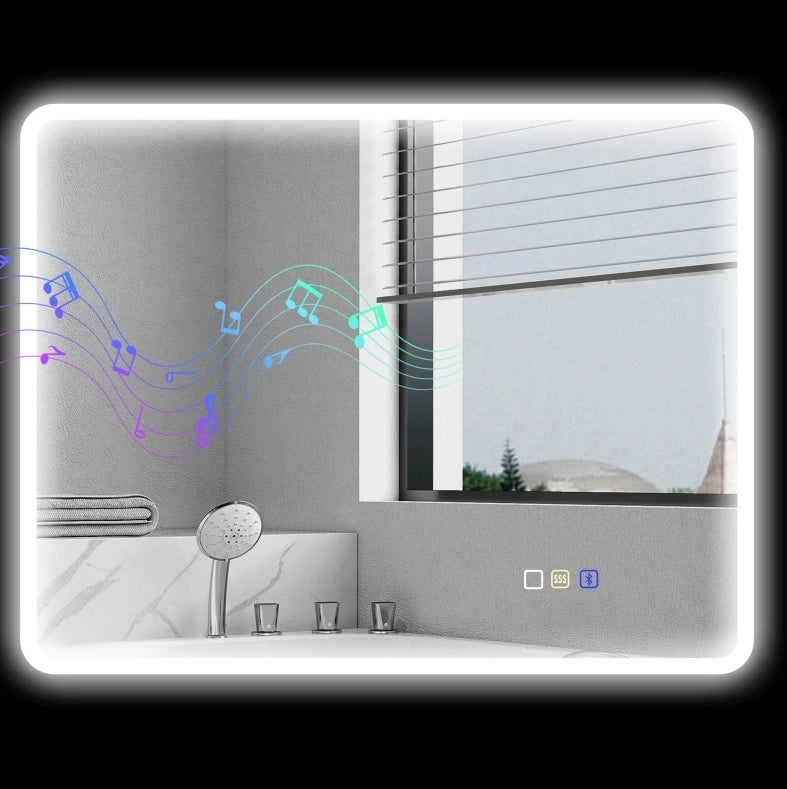 Specchio da bagno LED 70x90 cm con Bluetooth, touch dimmer, 3 tonalità luce, antiappannamento, argento
